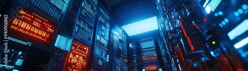 Malware infiltrating a system, glitching screens and encrypted data breaches, top view of a compromised server room, symbolizing cyber sabotage, futuristic tone, vivid