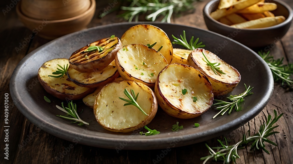 Delicious barbecue grilled potatoes with some garnish Delicious barbecue grilled potatoes with some garnish
