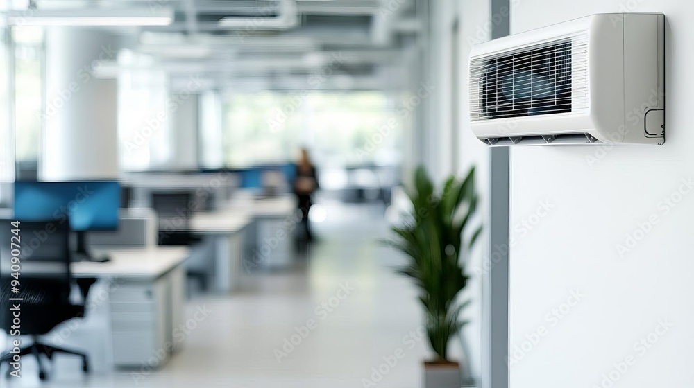 Air conditioner in a bright, airy office space, work comfort, efficient cooling Air conditioner in a bright, airy office space, work comfort, efficient cooling