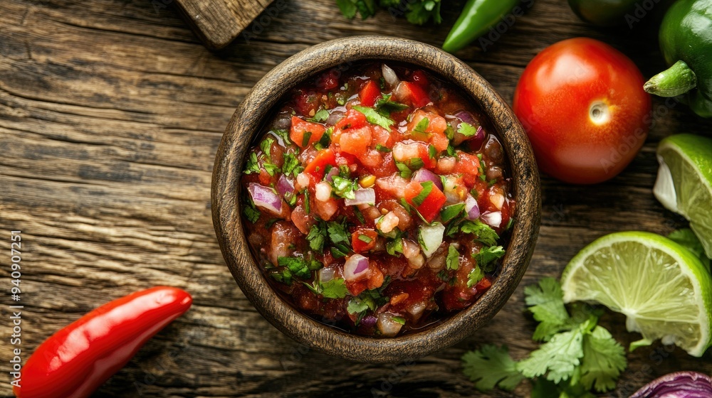 A delicious serving of homemade salsa with authentic ingredients arranged on a weathered wooden surface.