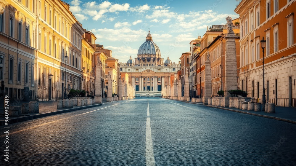 Naklejka premium A deserted road in a city with classical architecture, where historic buildings stand tall against the sky.