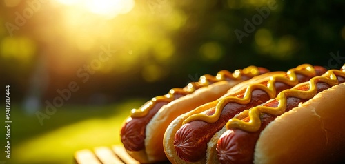 Close-up of hot dogs dressed with mustard and relish, classic American fare, sunlit summer picnic, lush park background photo