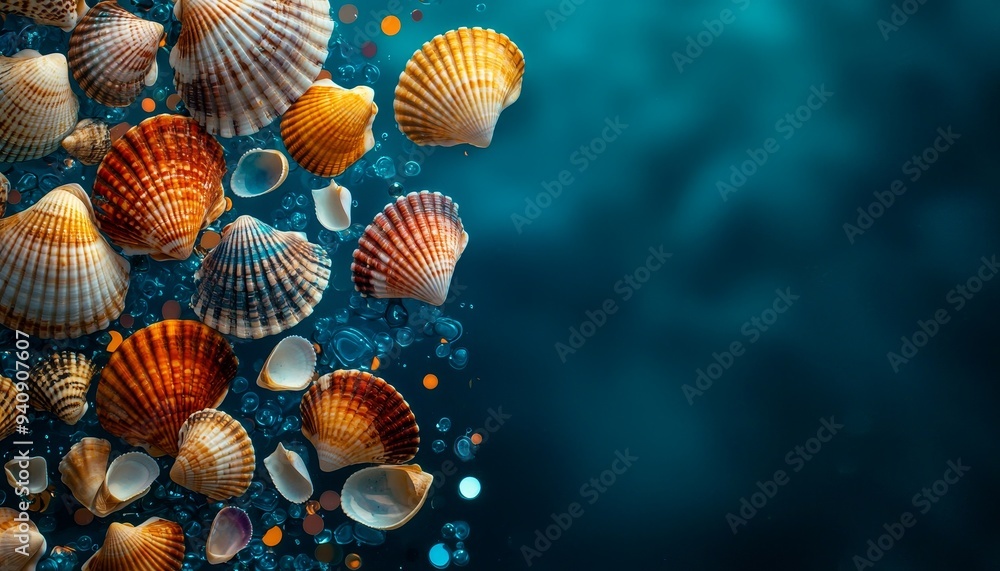 Elegant arrangement of seashells enhanced by holographic textures, perfect for a modern marine-inspired interior Elegant arrangement of seashells enhanced by holographic textures, perfect for a modern marine-inspired interior