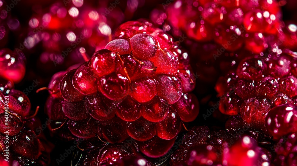 A tight shot of red fruits, each with dewdrops at their peak and base A tight shot of red fruits, each with dewdrops at their peak and base