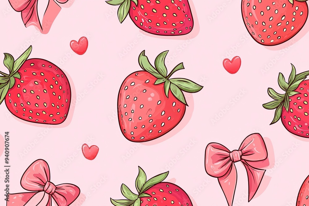 Seamless Strawberry pattern with bow in cartoon style. Cute trendy design. Vector funky illustration. Ballet-core, coquette-core background. Seamless Strawberry pattern with bow in cartoon style. Cute trendy design. Vector funky illustration. Ballet-core, coquette-core background.