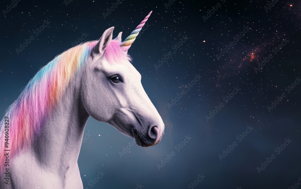 Majestic unicorn with a rainbow mane, standing tall in a mystical, magical landscape, under a sky filled with twinkling stars Majestic unicorn with a rainbow mane, standing tall in a mystical, magical landscape, under a sky filled with twinkling stars