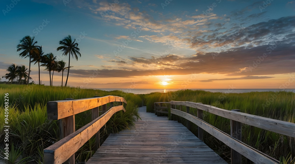 Fototapeta premium Wooden Bridge Leading to a Sunset Over the Ocean