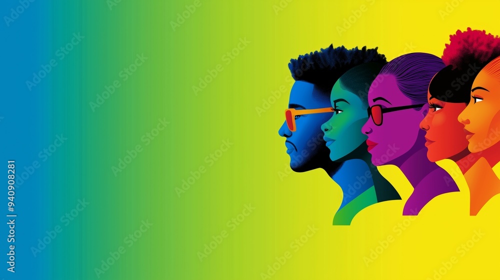 Obraz premium A poster with a group of people with different colored hair and glasses. The poster is titled 