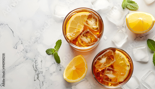 Glasses of delicious iced tea on marble table, top view. Space for text