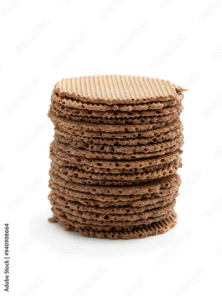 Stack of thin round rye crispbreads isolated on white Stack of thin round rye crispbreads isolated on white