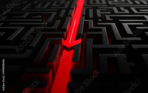 Red arrow cutting through intricate black labyrinth, overcoming challenges, 3D illustration photo