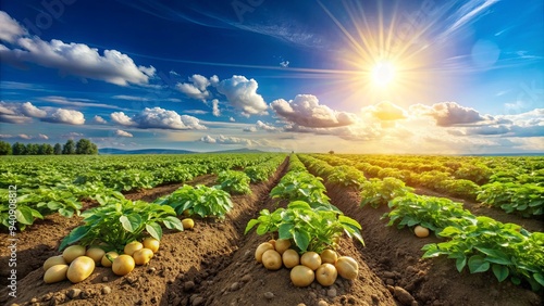 Piles of potatoes laying near in a field with blue sky on a sunny day, potato, farm, field, agriculture, crop, harvest, fresh, organic photo