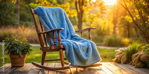 A photo image of a soft, plush blue blanket draped elegantly over a rustic wooden rocking chair, with a warm morning glow. photo