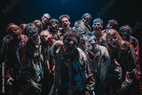 Scary undead zombie horde on black background. Halloween and horror concept.	