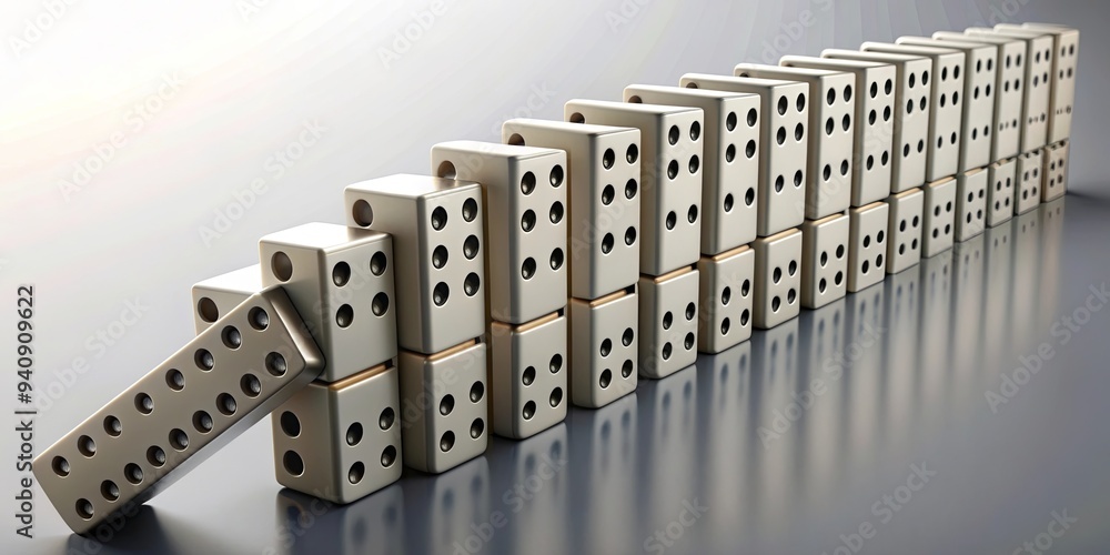 Domino effect in action shown in a rendering, dominoes, chain reaction, falling, impact, connections, sequence Domino effect in action shown in a rendering, dominoes, chain reaction, falling, impact, connections, sequence