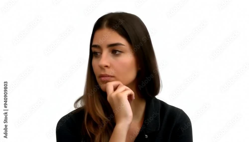 Contemplative woman thinking deeply, resting chin on hand, white background Contemplative woman thinking deeply, resting chin on hand, white background