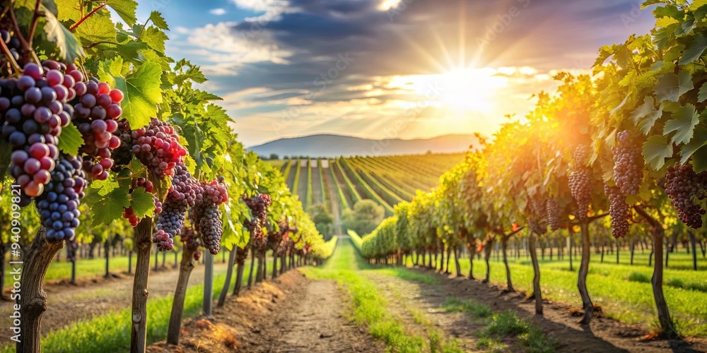 Naklejka premium Grape fruit yard with sun light background, showcasing a picturesque wine yard landscape, grape, fruit, yard, sun light