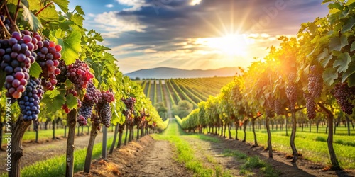 Grape fruit yard with sun light background, showcasing a picturesque wine yard landscape, grape, fruit, yard, sun light