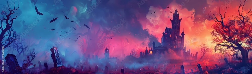 Haunted Halloween landscape. Abstract colorful background wallpaper. Spooky castle or house at full moon at night. Bats in the sky over a dark forest. Happy Halloween! Haunted Halloween landscape. Abstract colorful background wallpaper. Spooky castle or house at full moon at night. Bats in the sky over a dark forest. Happy Halloween!