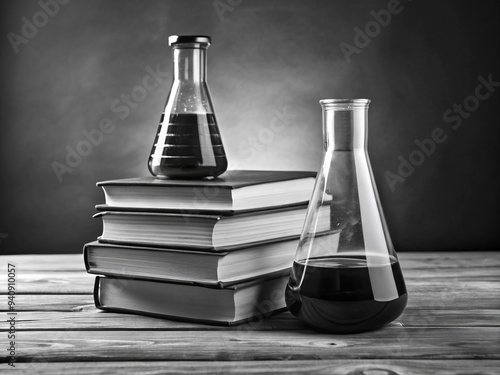 Classic tomes of black and white chemistry textbooks stand upright on a wooden table, beside a glass beaker, a still-life of scientific knowledge.