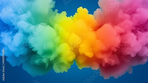 A colorful cloud of smoke with a blue sky in the background. The smoke is rainbow colored and he is coming from a fire. Scene is one of excitement and wonder, as the rainbow smoke seems to be a rare