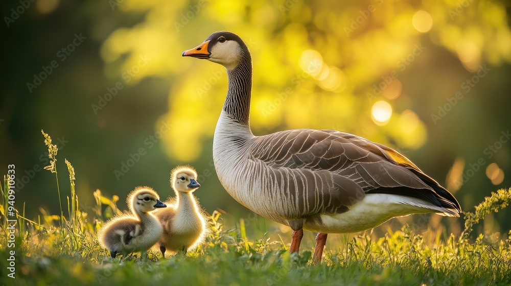 A female greylag goose stands protectively over her young offspring in a grassy field at Lake Neusiedl, Austria, under soft evening light. A female greylag goose stands protectively over her young offspring in a grassy field at Lake Neusiedl, Austria, under soft evening light.