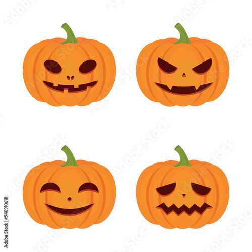 Simple Halloween pumpkin jack o lanterns. Scary Halloween pumpkin with smile, happy and sad face. Set of orange pumpkins on white background with carved smiles. Pumpkin for your Halloween design.
