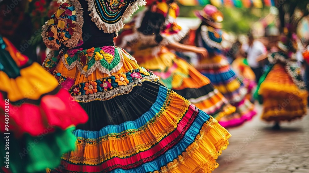 Obraz premium A festive atmosphere with women spinning in their colorful skirts during a traditional Mexican dance.