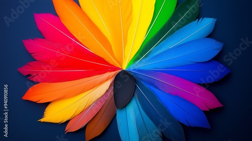 A colorful feather arrangement with a black center. The feathers are arranged in a rainbow pattern, with each color representing a different shade of blue. The arrangement is vibrant and eye-catching