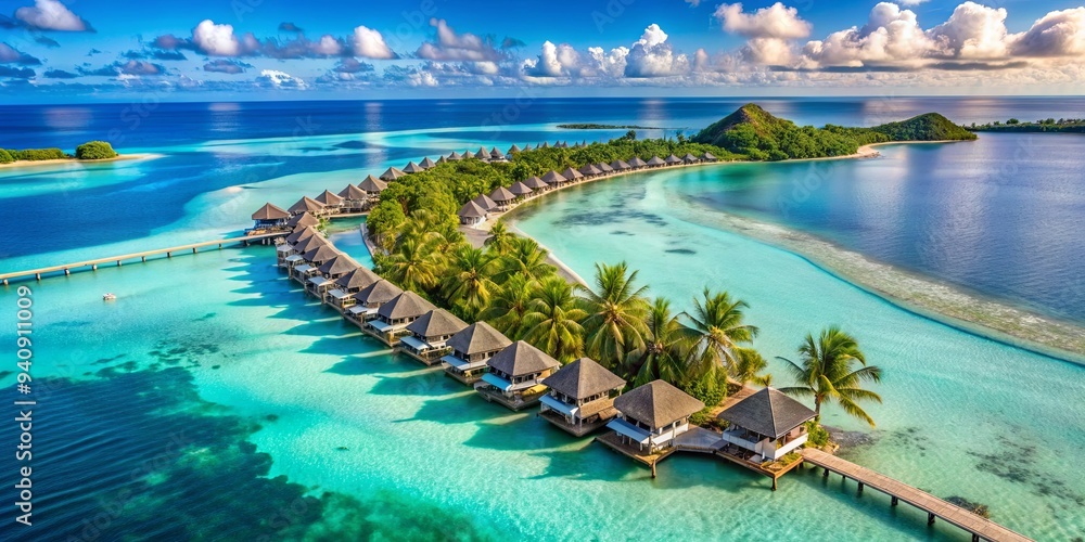 Fototapeta premium Aerial view of tropical beach resort with overwater bungalows, tropical, beach, resort, overwater bungalows