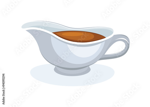 Gravy sauce boat vector illustration. Gravy sauce boat icon vector isolated on a white background. Brown gravy sauce drawing