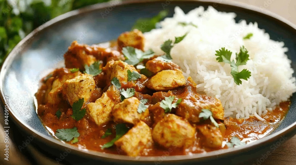 A flavorful Indian dish featuring tender chicken cooked with spices, served with fragrant basmati rice on the side. A flavorful Indian dish featuring tender chicken cooked with spices, served with fragrant basmati rice on the side.