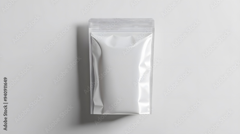 White blank foil doypack mockup, top view isolated on a light background with soft shadows and natural lighting. Realistic texture for packaging design presentation of coffee or other products. White blank foil doypack mockup, top view isolated on a light background with soft shadows and natural lighting. Realistic texture for packaging design presentation of coffee or other products.