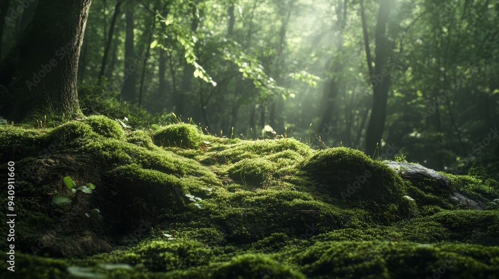 Verdant moss accents a backdrop ideal for showcasing products, set against a backdrop of a dense, dark forest. Verdant moss accents a backdrop ideal for showcasing products, set against a backdrop of a dense, dark forest.