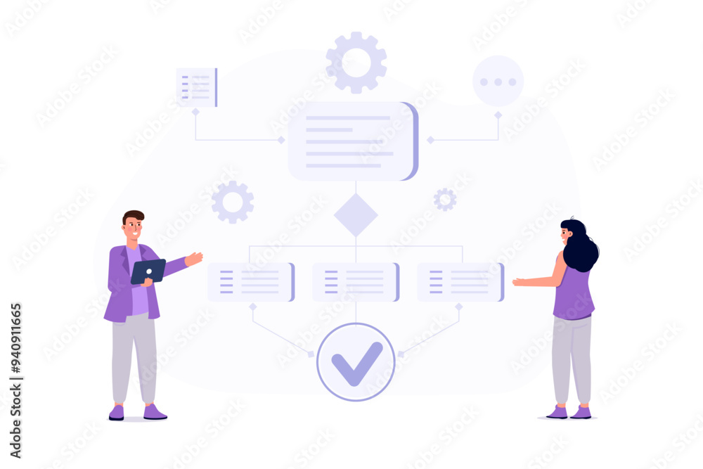 Work flow process, scheme document tiny person concept, efficiency optimization. Vector illustration. Work flow process, scheme document tiny person concept, efficiency optimization. Vector illustration.