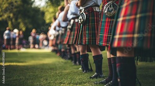 A focused shot on the tartan patterns of kilts, showing the unity and diversity of Scottish culture at a traditional event. photo