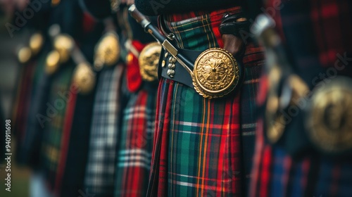 A focused shot on the tartan patterns of kilts, showing the unity and diversity of Scottish culture at a traditional event. photo