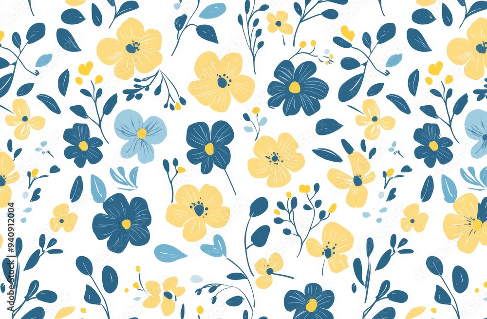 Fabric printed with blue and yellow flowers. Fabric printed with blue and yellow flowers.
