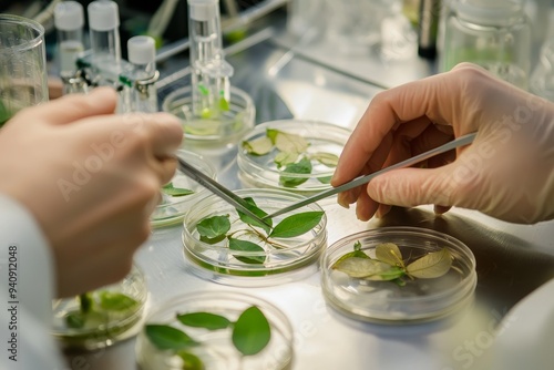 An experiment in biotechnology laboratory involves grafting microplants photo