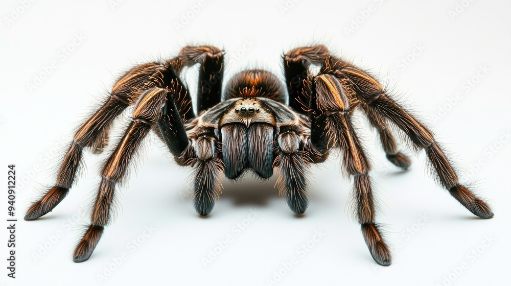 A Goliath Tarantula with its large, hairy body and strong legs, shown in close-up against a plain white background. A Goliath Tarantula with its large, hairy body and strong legs, shown in close-up against a plain white background.