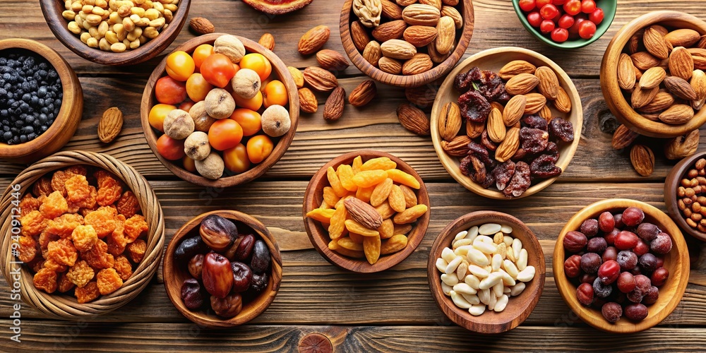 Exploring a variety of dried fruits including almonds, walnuts, raisins, and cashews on a wooden background, dry fruits Exploring a variety of dried fruits including almonds, walnuts, raisins, and cashews on a wooden background, dry fruits