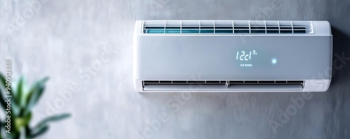 Air conditioner with energy usage displayed on a digital screen, eco-friendly, modern design