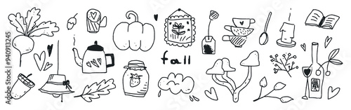 set of Autumn stickers, clip art, doodles, elements for prints, scrapbooking, planners, cards, posters, home decor etc. Childish naive art style. Hand drawn vector illustrations.