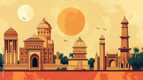 A Gujarat Day illustration with a retro look, showcasing the state rich heritage and monuments. photo