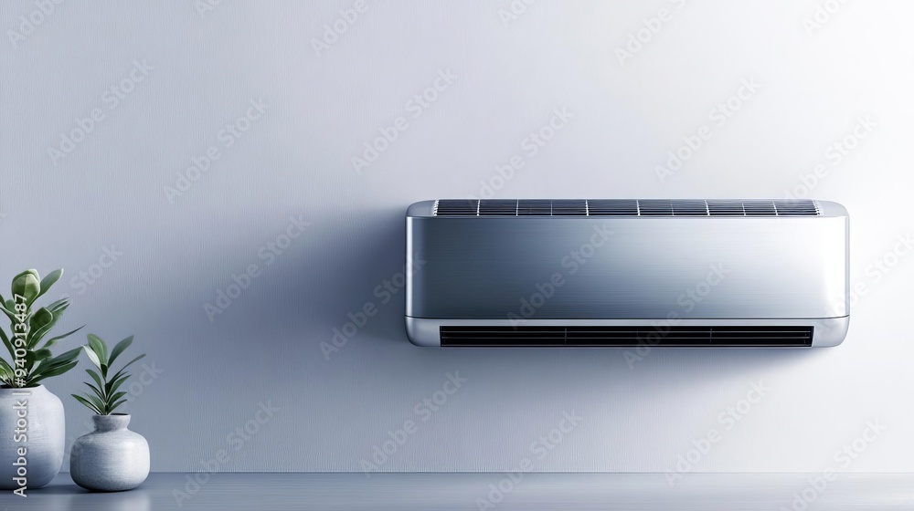 Air conditioner with sleek, metallic design in a modern home, luxury aesthetics, cooling technology Air conditioner with sleek, metallic design in a modern home, luxury aesthetics, cooling technology