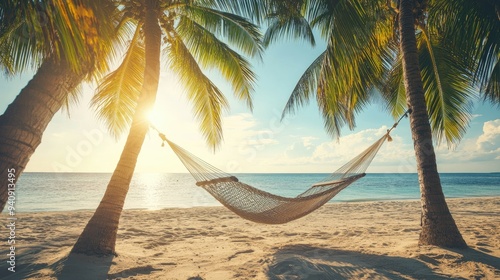 A hammock swaying between palm trees on a sunny beach, inviting relaxation with a view of the ocean.