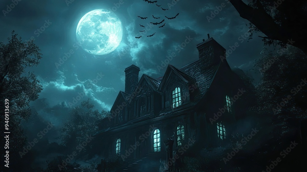 A haunting night scene with a full moon shining brightly, bats flying overhead, and a dark, eerie house with glowing windows. A haunting night scene with a full moon shining brightly, bats flying overhead, and a dark, eerie house with glowing windows.