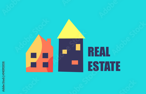 Set of cute colorful houses with text real estate on blue background. Clip art set for a small village town. Flat vector illustration. Childish naive art style	