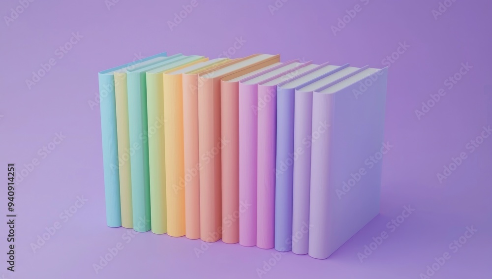 Fototapeta premium Row of pastel-colored books standing upright against a soft purple background Generative AI