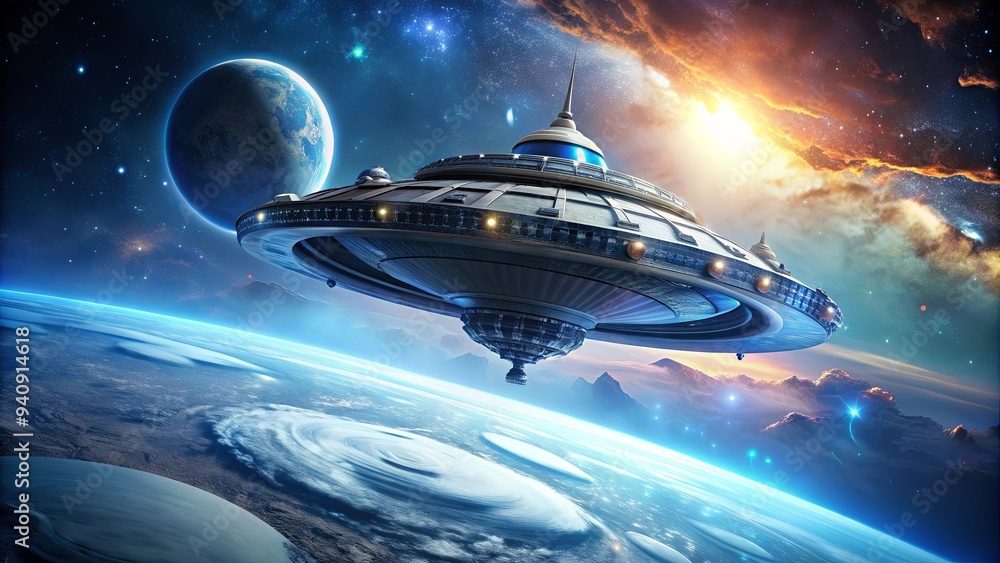 Obraz premium Futuristic alien spacecraft floating in outer space, alien, spacecraft, interstellar, technology